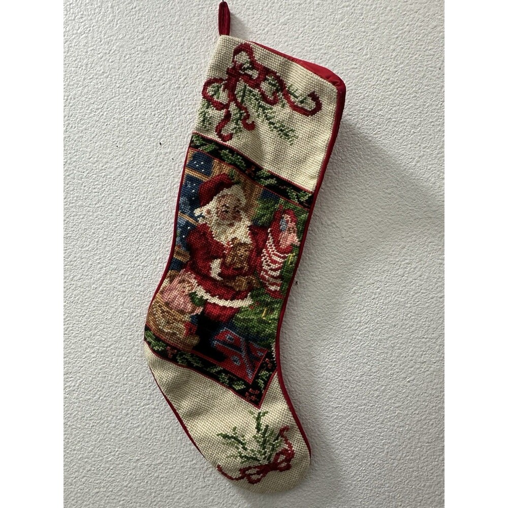 Needlepoint Christmas Stocking Wool and Velvet Santa Claus